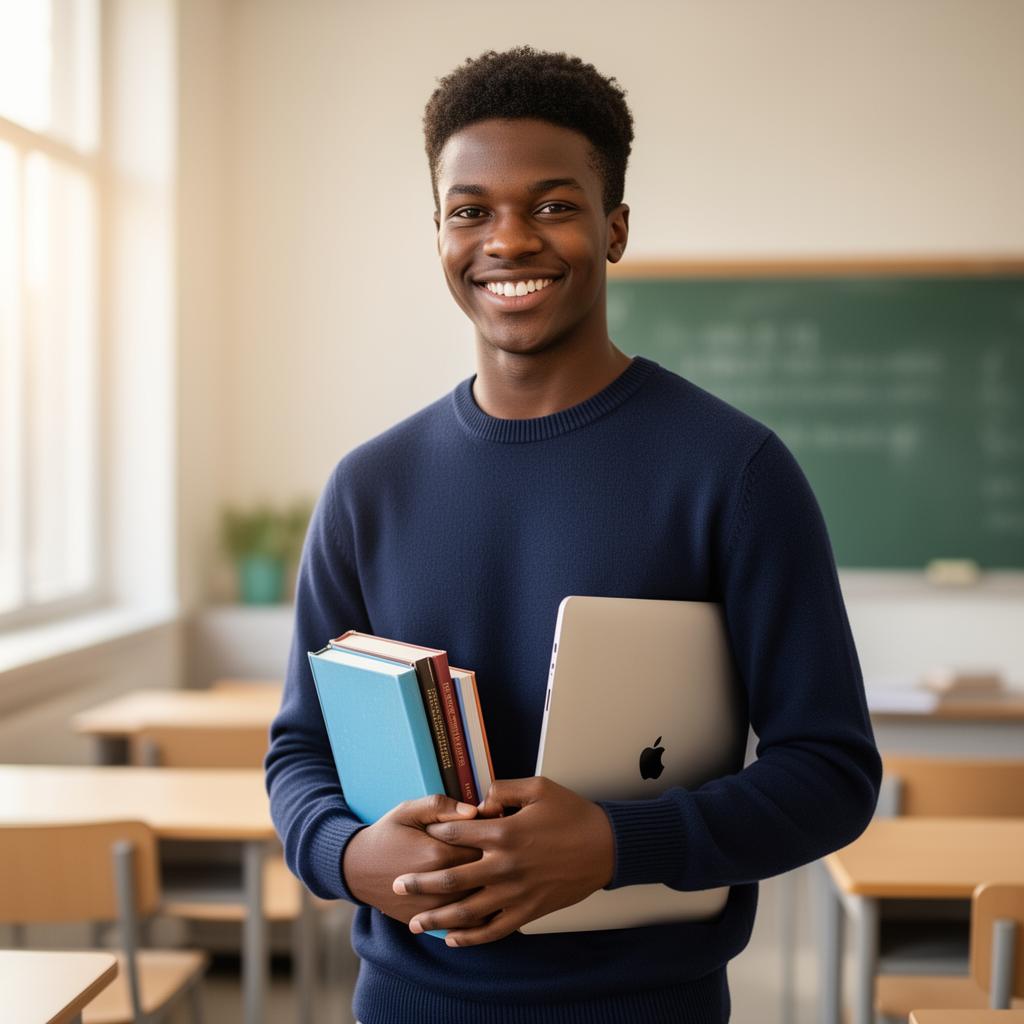 Confident male student with books and laptop