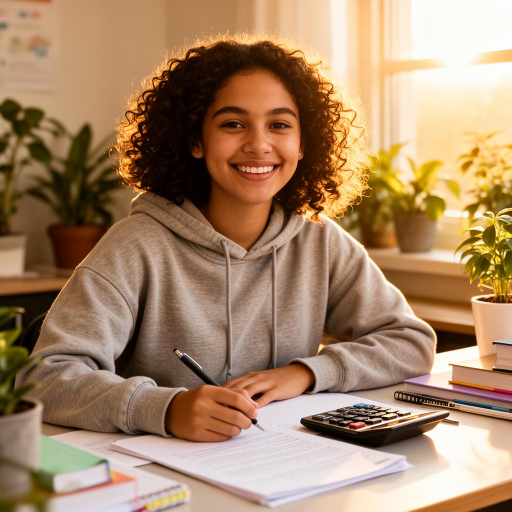 Smiling female student studying with notes